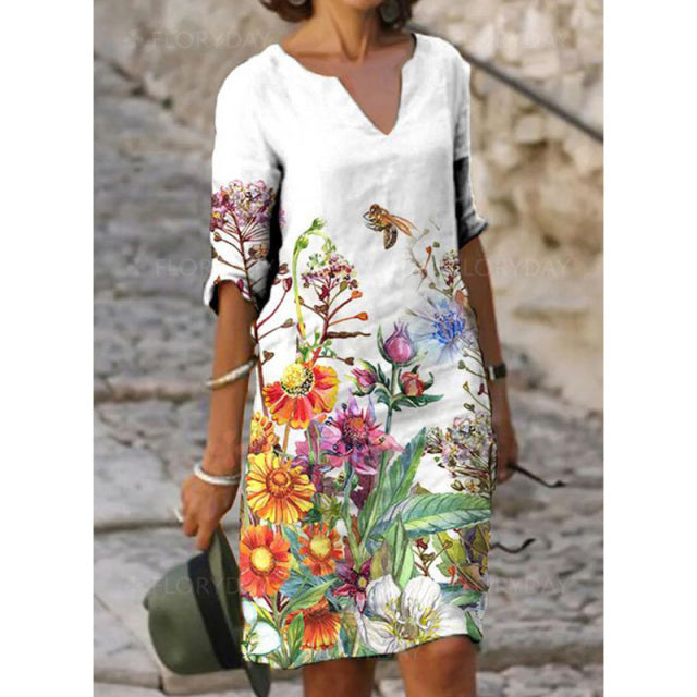 Frauen Casual Kleid mit geometrischem Druck Vintage bedruckt V-Ausschnitt Knielänge gerade Kleider Sommer Kurzarm Kleider Plus Größe