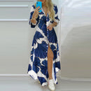 Boho Kleid Herbst Einreiher Knopf Unregelmäßiges Langes Kleid Frauen Sexy Umlegekragen Zeitungsbuchstabe Drucken Maxikleid