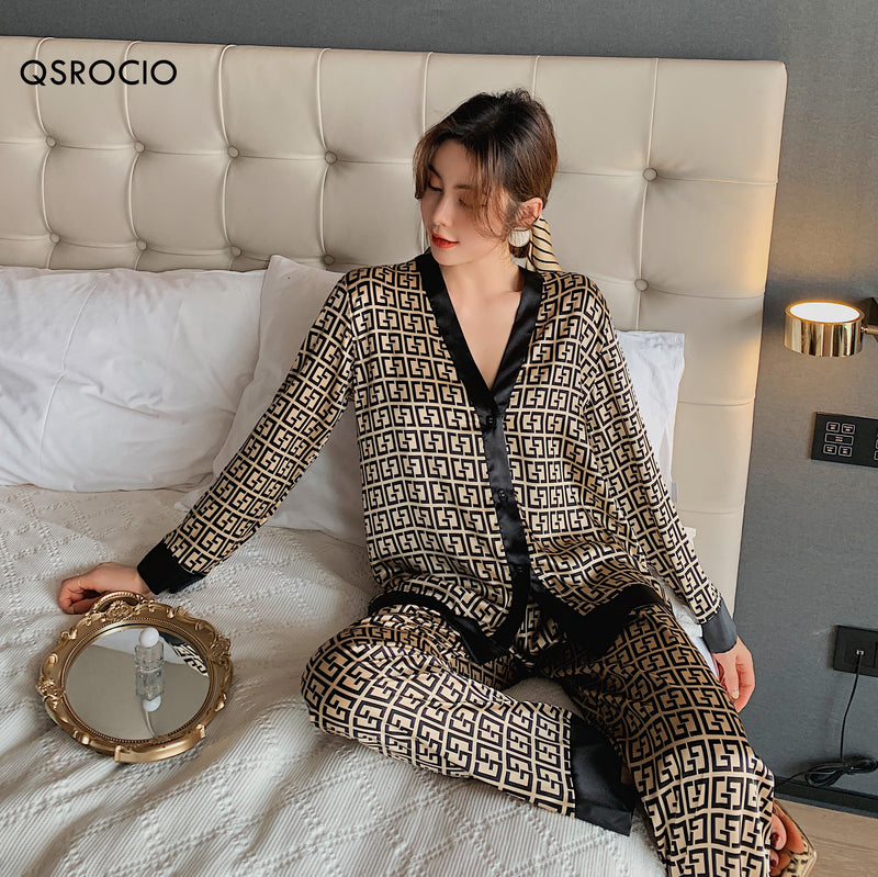 QSROCIO Damen-Pyjama-Set mit V-Ausschnitt, Luxus-Kreuz-Buchstabendruck, Nachtwäsche, Seide wie Heimkleidung, XXL, große Nachtwäsche