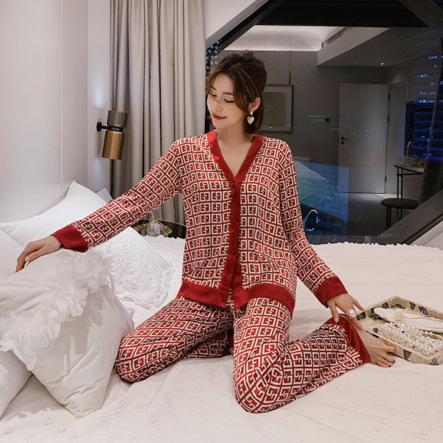 QSROCIO Damen-Pyjama-Set mit V-Ausschnitt, Luxus-Kreuz-Buchstabendruck, Nachtwäsche, Seide wie Heimkleidung, XXL, große Nachtwäsche
