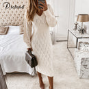 DICLOUD Beige suéter vestido mujer nuevo otoño elástico manga larga cuello en V elegante hueco Midi vestidos de fiesta de punto moda nuevo