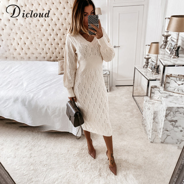 DICLOUD Beige Sweater Dress Woman New Autumn Elastic Long Sleeve V Neck Elegant Hollow Midi Party Dresses Knitted Fashion New