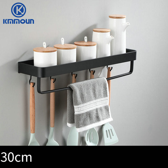 White / Black Kitchen Storage Rack Shelf Spice Bottle Rack Space Aluminum Multi-function Shelf Towel Bar Hook
