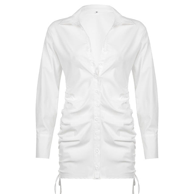 CIBBAR Soild Kordelzug Mini T-Shirt Kleid Damen Casual Basic Button Up Langarm Bodycon Kleider Mode Elegant Streetwear