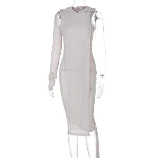 Simenual One Sleeve Knit Asymmetric Midi Dresses Skinny Ribbed Hooded Streetwear Baddie Clothes Fall Spring Clubwear Tight Dress