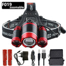 Potente faro de 3 led XM T6 con zoom, linterna de cabeza recargable, linterna impermeable, linterna de pesca, almacén ruso
