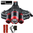 Potente faro de 3 led XM T6 con zoom, linterna de cabeza recargable, linterna impermeable, linterna de pesca, almacén ruso