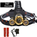 Potente faro de 3 led XM T6 con zoom, linterna de cabeza recargable, linterna impermeable, linterna de pesca, almacén ruso
