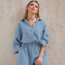 HiLoc Lässige Nachtwäsche Baumwolle Pyjamas für Damen Sets Anzug Umlegekragen Neunviertel Ärmel Schlafoberteile Shorts Damen Homewear