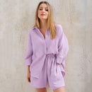 HiLoc Lässige Nachtwäsche Baumwolle Pyjamas für Damen Sets Anzug Umlegekragen Neunviertel Ärmel Schlafoberteile Shorts Damen Homewear