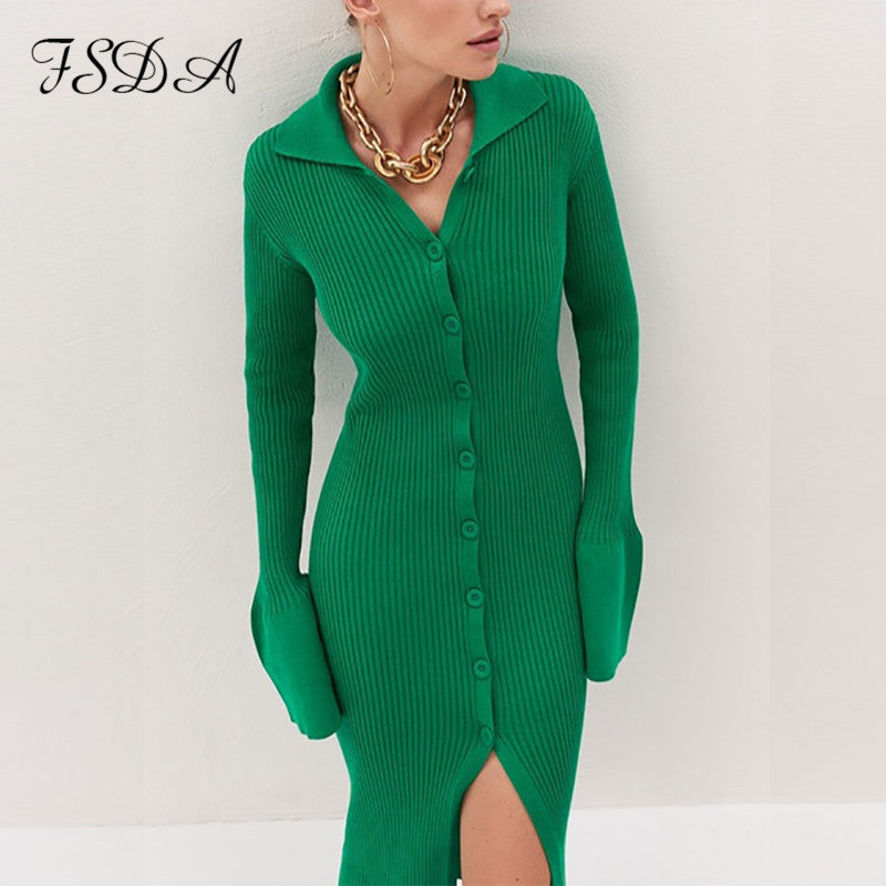 FSDA Otoño Invierno Bodycon vestido suéter de punto verde 2021 mujeres Sexy Midi Split cuello pico manga larga vestidos casuales fiesta