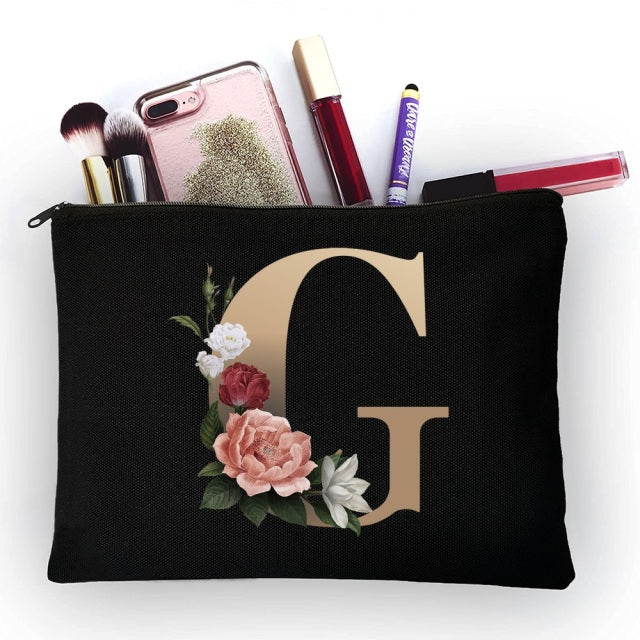 Make-up-Tasche für Mädchen, goldenes Buchstabenmuster, klassische Organizer-Tasche, Beutel für Reisetaschen, Damen-Kosmetiktasche