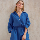 HiLoc Lässige Nachtwäsche Baumwolle Pyjamas für Damen Sets Anzug Umlegekragen Neunviertel Ärmel Schlafoberteile Shorts Damen Homewear