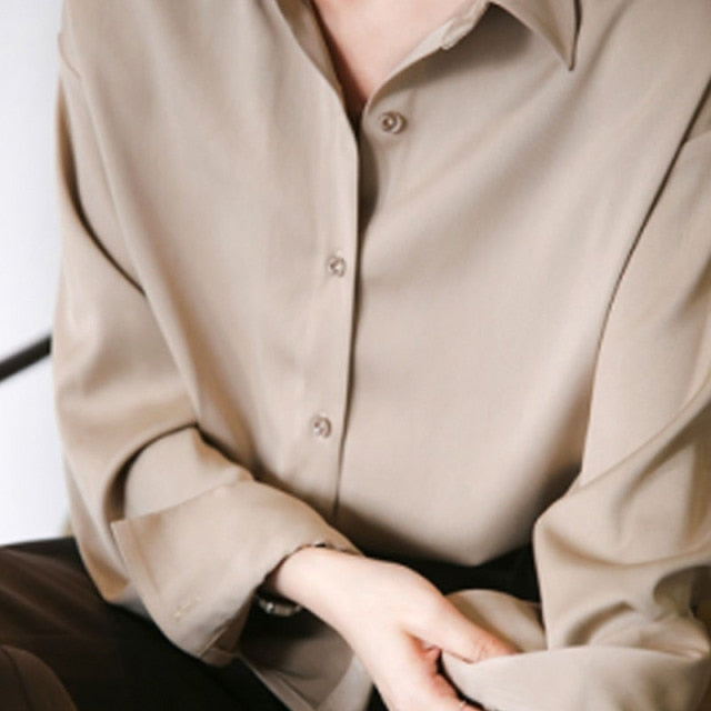 Mode Button Up Satin Seidenhemd Herbst Vintage Bluse Frauen Langarm Weiße Hemden Tops Lady Chic Korean Office Shirt 11355