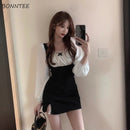 Kleid Frauen Frühling Sexy Puffärmel Schlank Mini Mode Koreanisch Stil Quadratisch Kragen Reifen Feminin Freizeit Süß Straße Cool Neu