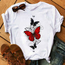 Mujer mariposa árbol estampado Harajuku verano camisetas Casual cuello redondo manga corta Top camiseta mujer negro camiseta Drop Ship
