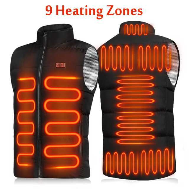 New 9 Places Heated Vest Men Women Usb Heated Jacket Heating Thermal Clothing Hunting Winter Fashion Heat Jacket Black 5XL 6XL