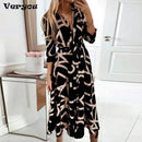 Vestido camisero elegante de otoño 2021, vestido Midi tipo túnica de manga larga con botones para mujer, vestidos de fiesta estampados con cuello de pico para oficina para mujer
