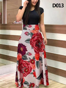 Damen Sommer Langes Kleid Gedruckt Spleißen Blumen Bankett Rundhals Kurzarm Enges Kleid Elegant Sexy Frau Langes Kleid Xl