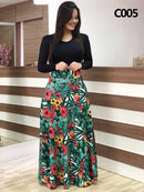 Damen Sommer Langes Kleid Gedruckt Spleißen Blumen Bankett Rundhals Kurzarm Enges Kleid Elegant Sexy Frau Langes Kleid Xl