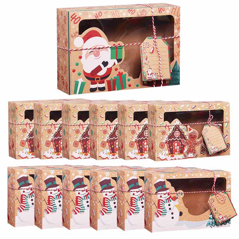 Cajas de dulces de papel Kraft de 3/6/9/12 Uds., caja de regalo de galletas de Feliz Navidad, bolsa de embalaje de ventana transparente, recuerdo de fiesta, decoración de Año Nuevo
