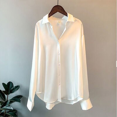 Herbst Mode Button Up Satin Seide Hemd Vintage Bluse Frauen Weiße Dame Lange Ärmel Weibliche Lose Streetwear Shirts 1214