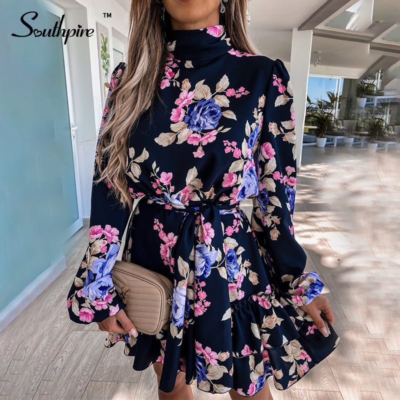 Southpire Navy Floral Print Loose Style Mini Dress Women Long Sleeve High Neck Party Dress Ladies Day Casual Clothes Spring 2022