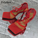 Eilyken 2022 New Sexy Yellow Mesh Pumps Sandals Female Square Toe high heel Lace Up Cross-tied Stiletto hollow Dress shoes