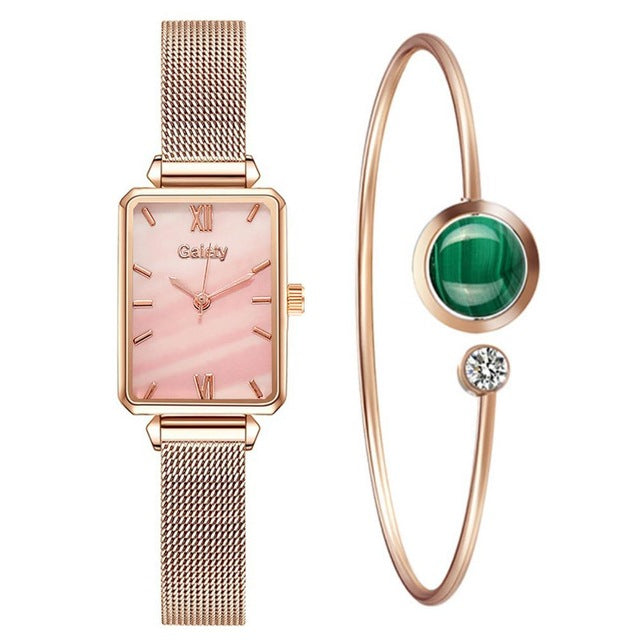 Gaiety Brand Damenuhren Fashion Square Damen Quarzuhr Armband Set Grünes Zifferblatt Einfache Rose Gold Mesh Luxus Damenuhren