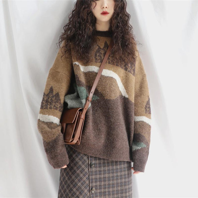 Suéter de Cachemira de retales de leopardo Hirsionsan, jerséis de punto informales holgados para mujer, jersey Retro de punto suave para otoño para mujer