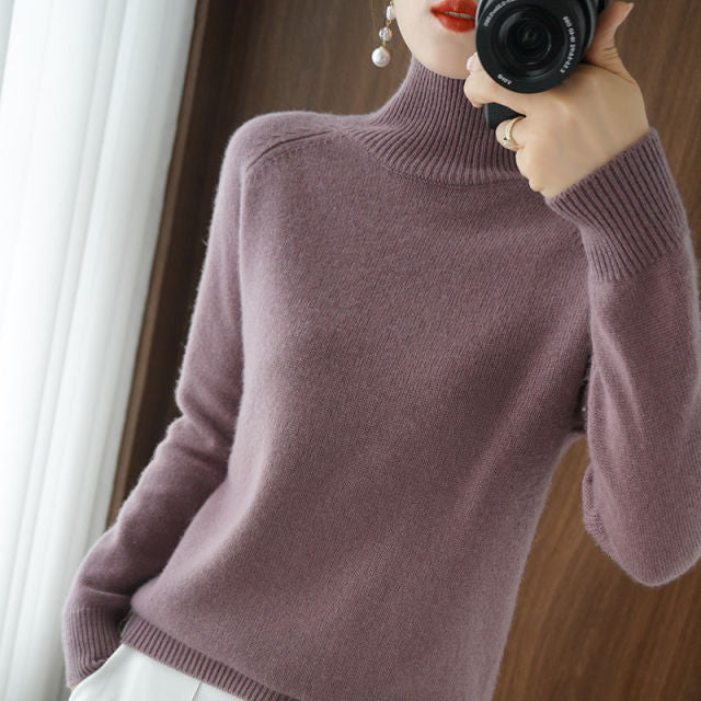 Jersey de cuello alto Otoño/Invierno 2021, suéter de Cachemira para mujer, Color puro, informal, de manga larga, holgado, jersey de fondo para mujer