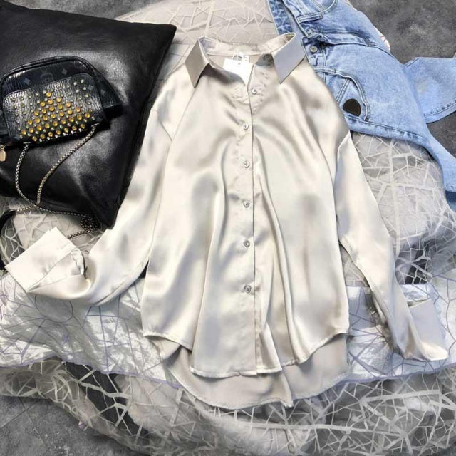 Camisa de seda satinada con botones a la moda para primavera y otoño, blusa Vintage para mujer, blusas blancas para mujer, camisas de calle holgadas de manga larga para mujer