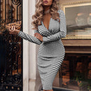 Herbst Langarm Bodycon Elegante Bürodame Kleid Mode Hahnentrittmuster Sexy V-Ausschnitt Dünne Bleistiftkleider Für Frauen 2022