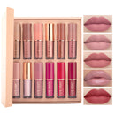 12 Teile / schachtel Matte Flüssiger Lippenstift + Hochglänzender Transparenter Klarer Lipgloss Make-up-Set Wasserdichte, langlebige Lipgloss-Kosmetik