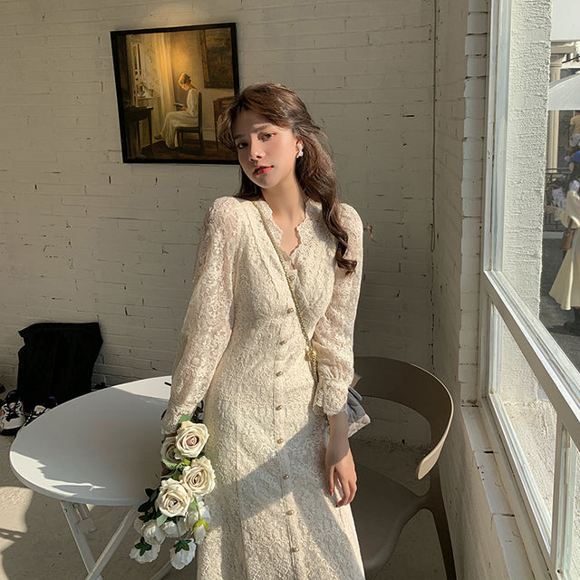 Vestido Midi elegante de encaje de manga larga de invierno blanco para mujer con cuello en V vestido coreano de primavera de una pieza vestido de hada de fiesta de noche para mujer 2021