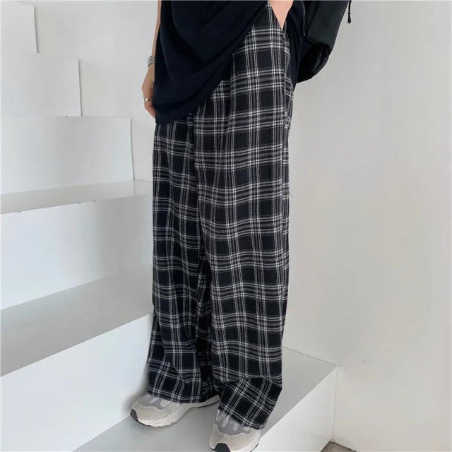 Black and pink Plaid pants Oversize New Women Casual Loose Wide Leg Trousers Ins Retro Teens Straight Trousers Hiphop Streetwear