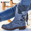 Damen Winter Halbhohe Stiefel Flock Winterschuhe Damenmode Schneestiefel Schuhe Oberschenkel Hohe Wildleder Warme Botas Zapatos De Mujer