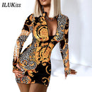 Sexy Langarm Bodycon Minikleid Frauen Herbst 2021 Mode Tiefem V-Ausschnitt Print Club Outfits Party Kleider Casual Robe Femme
