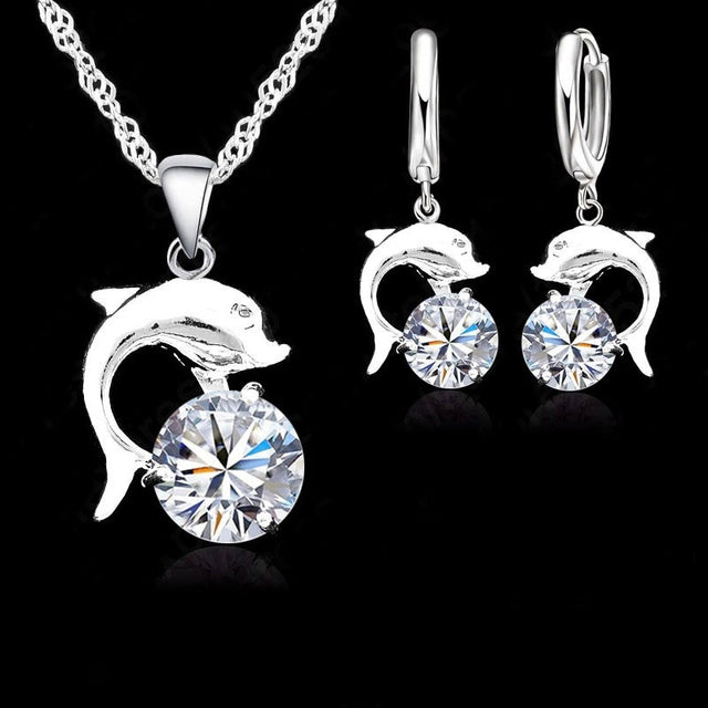 925 Sterling Silber Schmuck Sets für Frauen Grils Hochzeit Verlobung CZ Diamant Delphin Anhänger Halskette Creolen