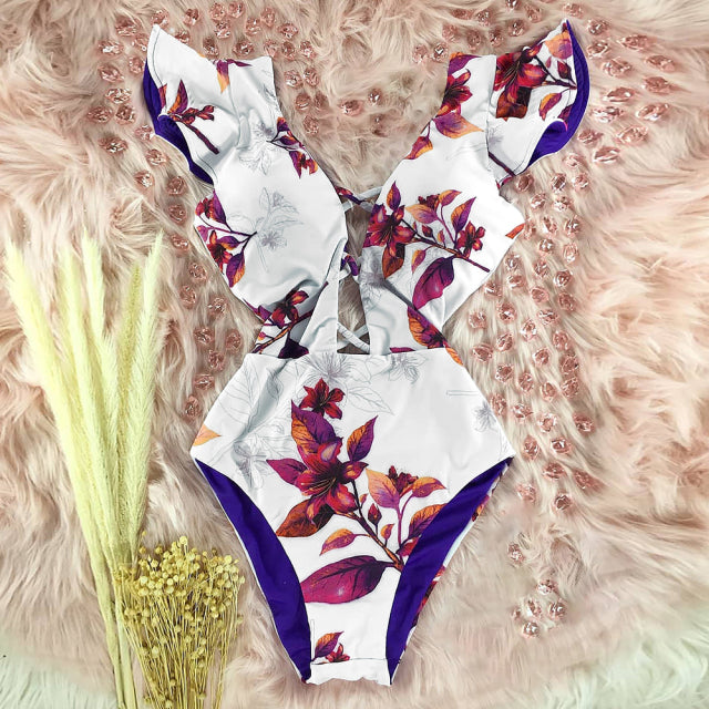 2021 New Sexy Ruffle Print Floral One Piece Swimsuit Off The Shoulder Swimwear Women Solid Deep-V Beachwear Bathing Suit Monkini