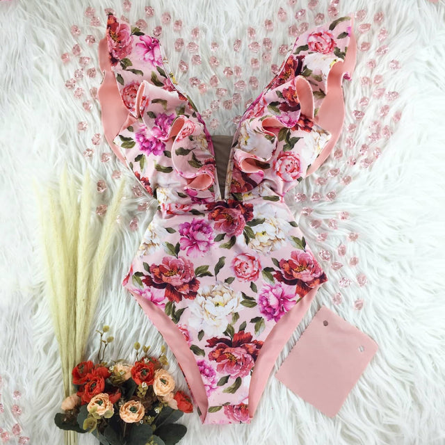 2021 New Sexy Ruffle Print Floral One Piece Swimsuit Off The Shoulder Swimwear Women Solid Deep-V Beachwear Bathing Suit Monkini