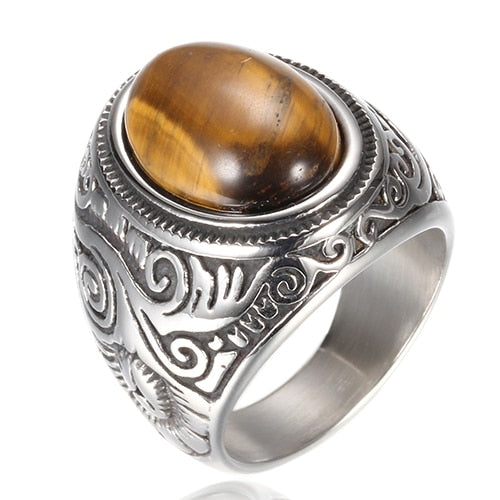 Venta al por mayor, joyería Retro, anillos de piedra turquesa para hombres, anillo de ónix de tres colores con incrustaciones de acero de titanio, anillo de ópalo dominante para hombres