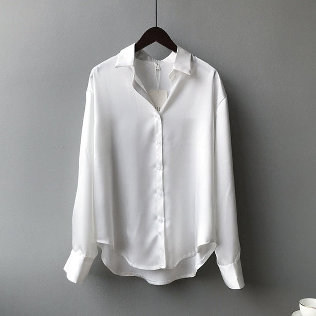 Satin Shirts Mode Langarm Bluse Frauen Herbst Vintage Button Up Weiß Lose Damenhemden Weibliches Seidenhemd Frauen 11355