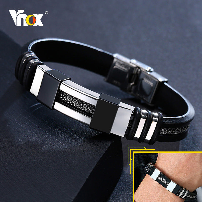 Pulsera Vnox de acero inoxidable para hombre, muñequera negra con timón acanalado, malla de silicona, inserto de enlace, pulsera Punk, brazalete informal elegante