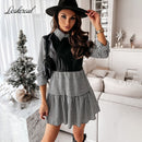 Beiläufiges langärmliges Mini-Hemdkleid für Frauen Weiß 2021 Frühling PU-Leder Patchwork Plaid Frau Kleider Kleidung Femme Robe