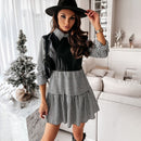 Beiläufiges langärmliges Mini-Hemdkleid für Frauen Weiß 2021 Frühling PU-Leder Patchwork Plaid Frau Kleider Kleidung Femme Robe