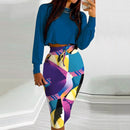 Eleganter Anzug für Damen Mode 2021 Party Rock Set Silm Fit Langarm Druck Kordelzug Gerafftes Kleid Mujer Robe Femme