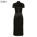 KLALIEN Negro Monocromo Impresión Satén Vestidos Chinos Tradicionales Vestido Largo Qipao Sexy Split Tang Traje Banquete Qipao Mujer