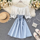 2022 Sexy Schulterfrei Patchwork Sommer Kurzes Kleid Party Blume Chiffon Schlanke Taille Schnürung Frauen Casual A-Linie Strandkleid