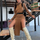 Herbst Winter 2021 Frauen Sexy Bodycon Split Strickkleid Weibliche Langarm Rollkragen Y2K Midi Kleid Club Party Pullover Kleid